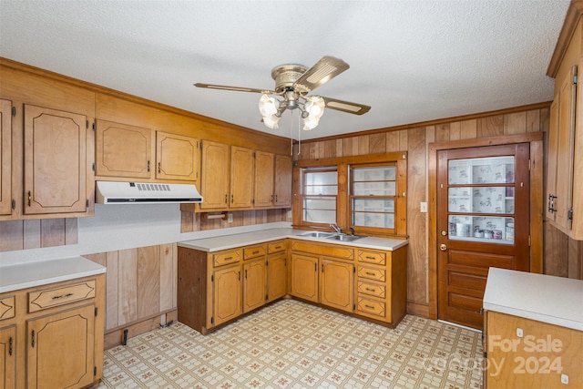 kitchen with a textured ceiling, ornamental molding, sink, and wooden walls