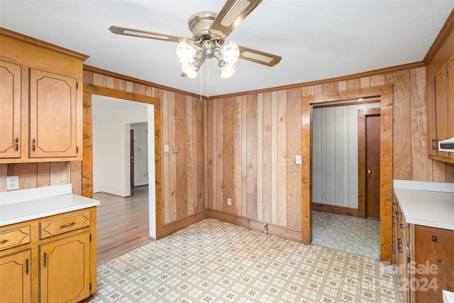 kitchen featuring ceiling fan, light hardwood / wood-style flooring, crown molding, and a textured ceiling