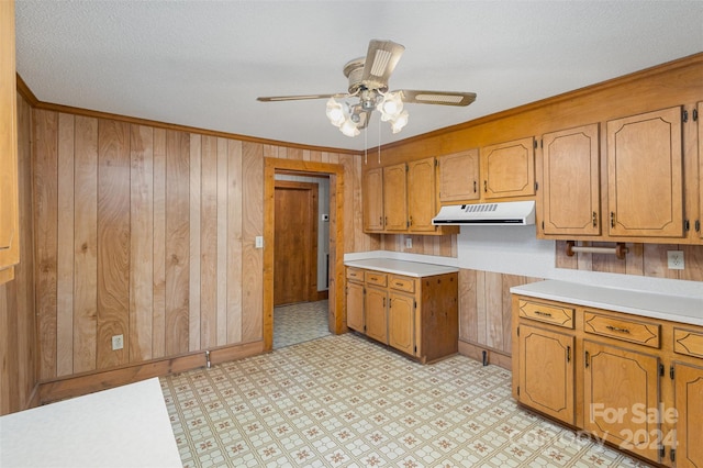 kitchen featuring ceiling fan, ornamental molding, a textured ceiling, and wooden walls