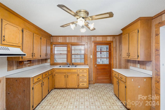 kitchen with a textured ceiling, ceiling fan, sink, and wooden walls