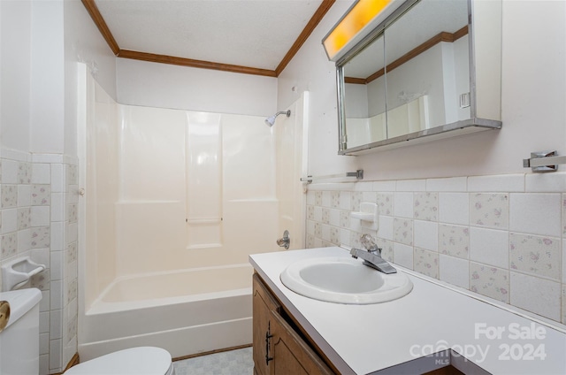 full bathroom with vanity, toilet, crown molding, and tub / shower combination