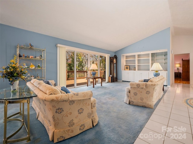 tiled living room with vaulted ceiling