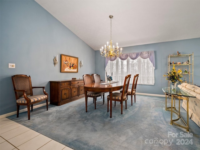 carpeted dining room with a chandelier and lofted ceiling