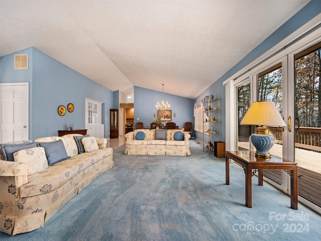 carpeted living room featuring lofted ceiling and a chandelier