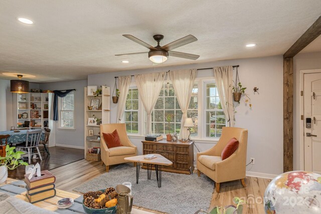 interior space featuring light wood-type flooring, ceiling fan, and plenty of natural light