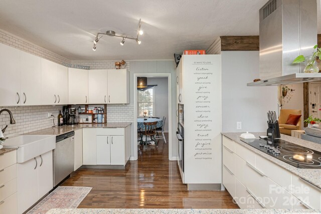 kitchen with black electric stovetop, island range hood, white cabinets, stainless steel dishwasher, and dark hardwood / wood-style floors