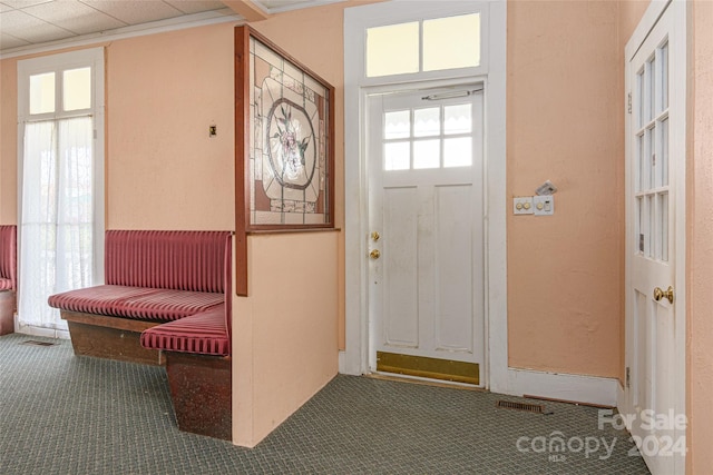 carpeted entrance foyer featuring a paneled ceiling, plenty of natural light, and ornamental molding