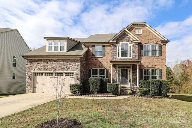 view of front of property featuring a front lawn and a garage