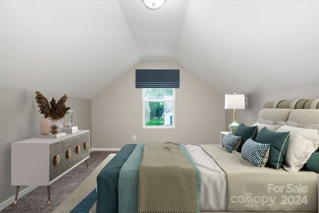 carpeted bedroom with lofted ceiling