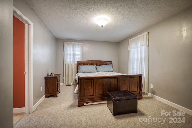 bedroom with a textured ceiling and light carpet