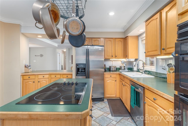 kitchen with sink, black appliances, ornamental molding, light brown cabinets, and a center island