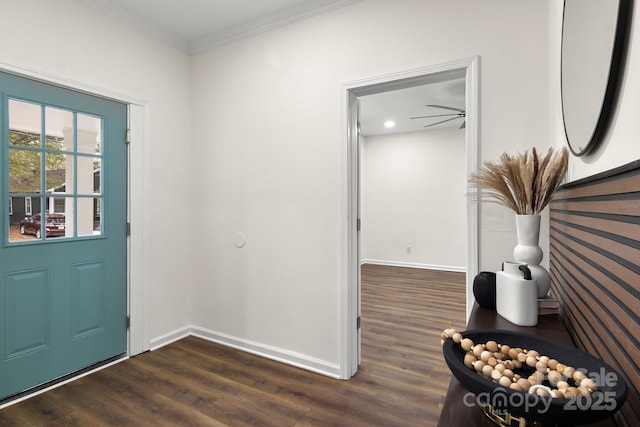 entrance foyer featuring dark hardwood / wood-style floors, ceiling fan, and ornamental molding