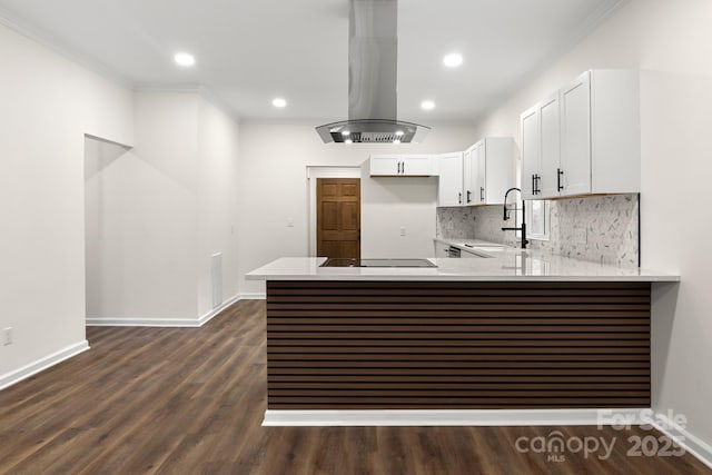 kitchen featuring kitchen peninsula, tasteful backsplash, island range hood, sink, and white cabinets