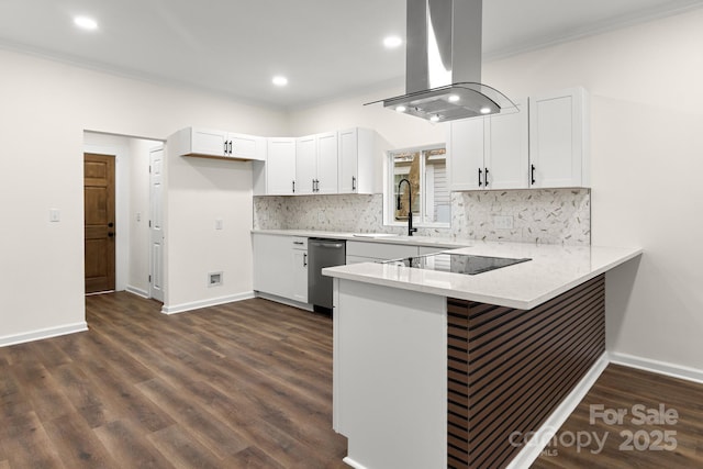 kitchen with island exhaust hood, black electric stovetop, ornamental molding, sink, and white cabinets