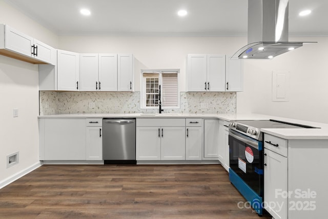 kitchen with backsplash, white cabinets, sink, island range hood, and stainless steel appliances