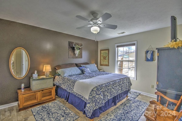 bedroom featuring a textured ceiling and ceiling fan