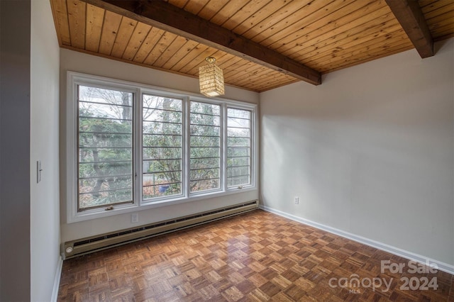 33 Summit Ln, Newland, NC 28657 - empty room with a baseboard heating unit, healthy amount of natural light, wooden ceiling with exposed beams, and baseboards