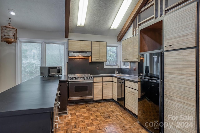 33 Summit Ln, Newland, NC 28657 - kitchen with black appliances, under cabinet range hood, dark countertops, a textured ceiling, and a sink
