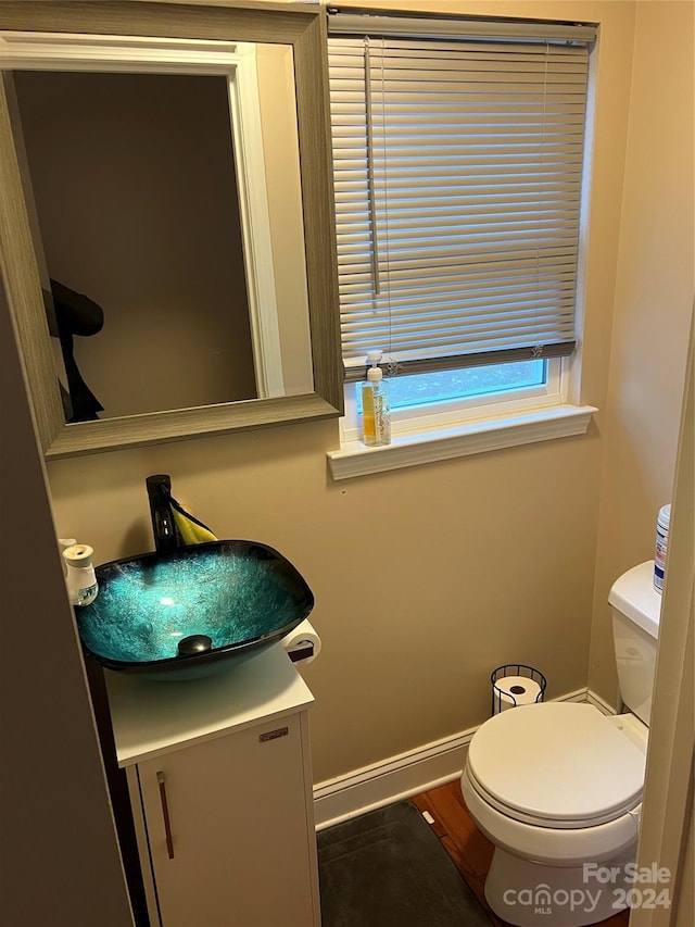 bathroom with hardwood / wood-style floors, vanity, and toilet