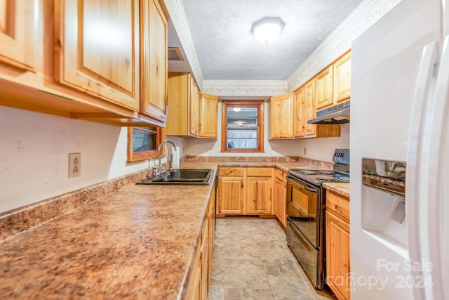 kitchen with crown molding, a textured ceiling, white fridge with ice dispenser, sink, and black / electric stove