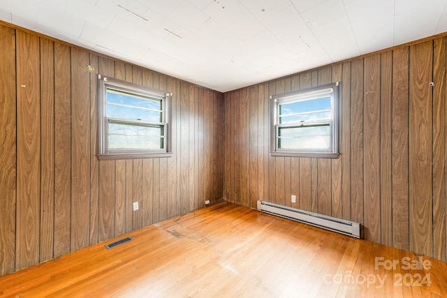 unfurnished room with baseboard heating, light hardwood / wood-style floors, and wooden walls