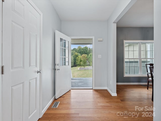 foyer entrance with a healthy amount of sunlight and light hardwood / wood-style flooring