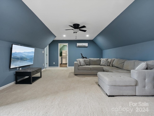 living room featuring a wall mounted AC, light colored carpet, lofted ceiling, and ceiling fan