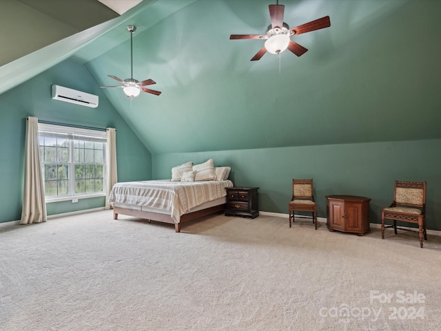 carpeted bedroom featuring a wall unit AC, ceiling fan, and vaulted ceiling