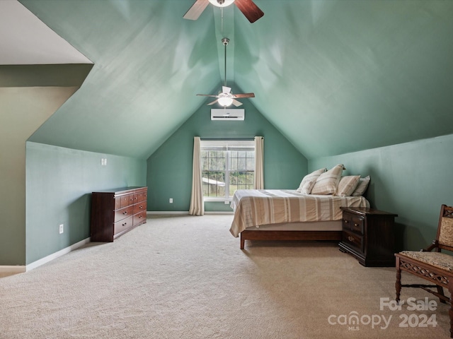 carpeted bedroom featuring lofted ceiling and ceiling fan