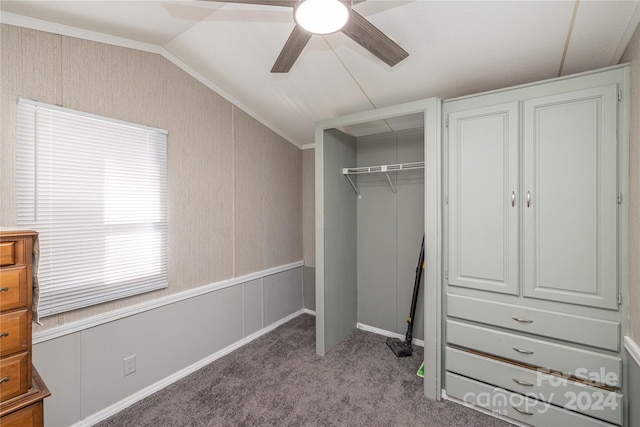 interior space featuring a closet, vaulted ceiling, light carpet, and ceiling fan