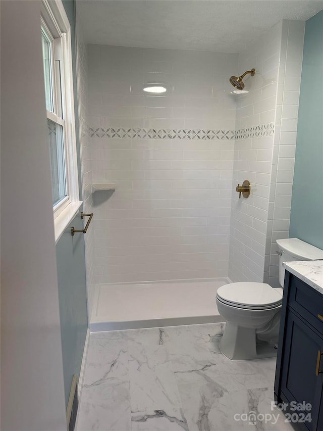 bathroom with toilet, vanity, and tiled shower