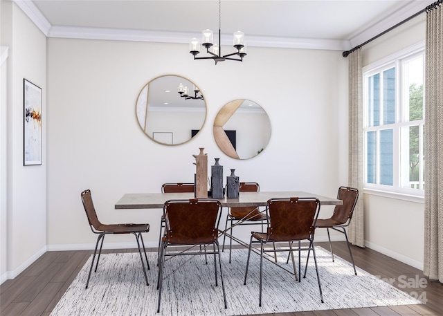 dining space with hardwood / wood-style flooring, a notable chandelier, and crown molding