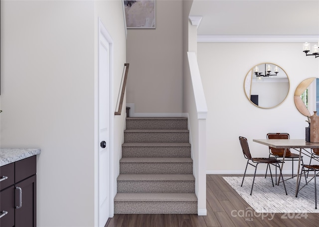 stairs featuring wood-type flooring and ornamental molding