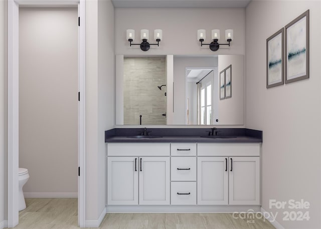 bathroom featuring vanity, toilet, a shower, and wood-type flooring