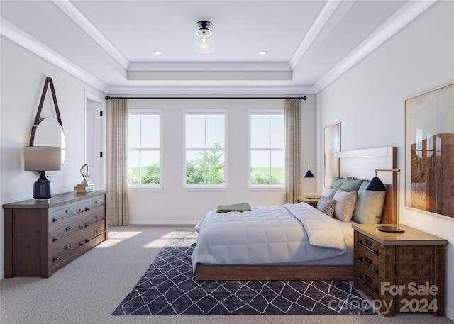 bedroom with carpet flooring and crown molding