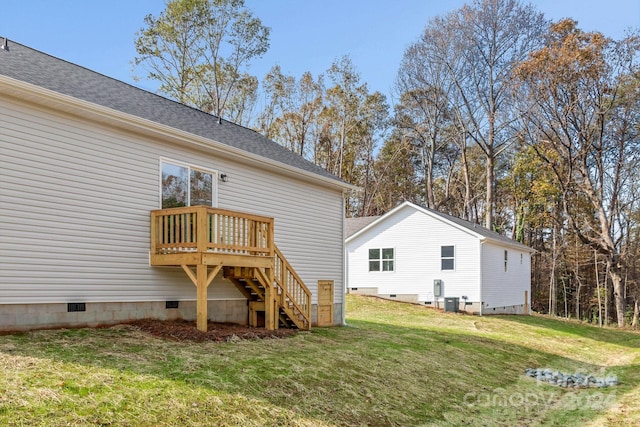 109 Orchard St, Forest City, NC 28043 - back of house with crawl space, a lawn, stairway, and a wooden deck