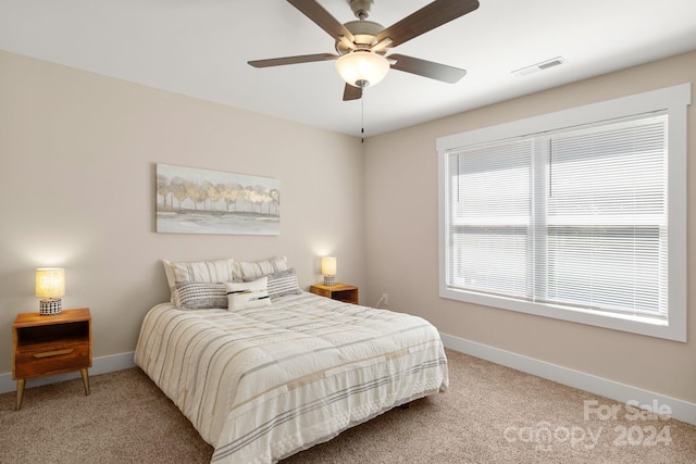 bedroom featuring carpet and ceiling fan