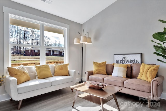 living room with a wealth of natural light, wood-type flooring, and vaulted ceiling