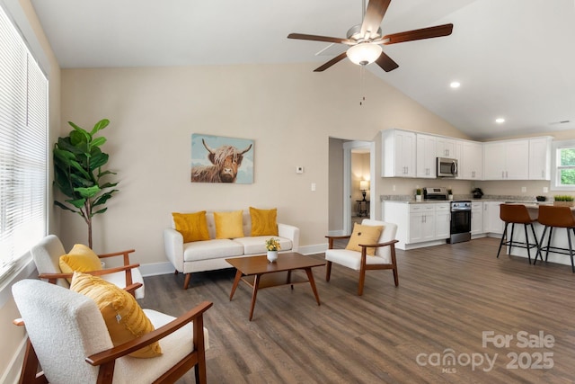 121 Orchard St, Forest City, NC 28043 - living area with ceiling fan, dark wood-style flooring, baseboards, high vaulted ceiling, and recessed lighting