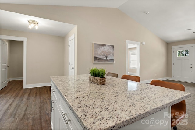 121 Orchard St, Forest City, NC 28043 - kitchen with baseboards, dark wood-style flooring, lofted ceiling, and white cabinets