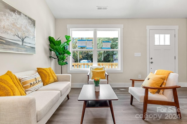 living room with dark hardwood / wood-style floors