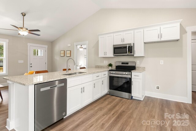 135 Orchard St, Forest City, NC 28043 - kitchen with ceiling fan, a sink, stainless steel appliances, a peninsula, and lofted ceiling