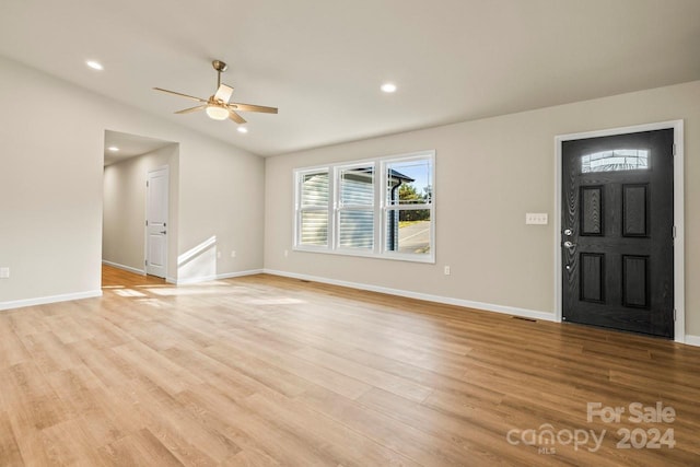 entryway featuring ceiling fan and light hardwood / wood-style floors