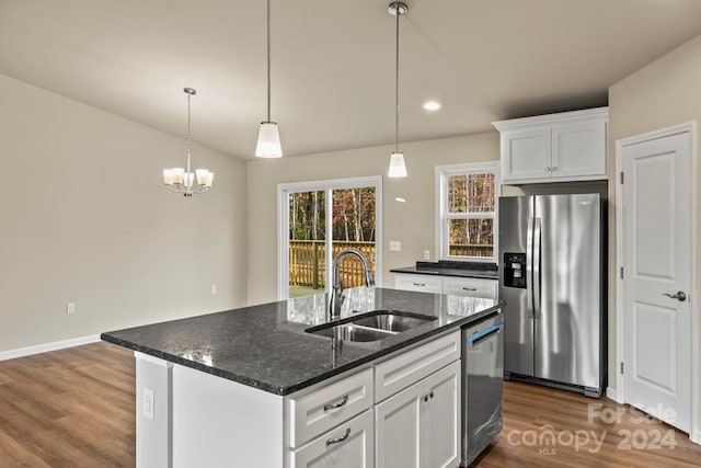 kitchen with white cabinetry, sink, dark hardwood / wood-style flooring, an island with sink, and appliances with stainless steel finishes