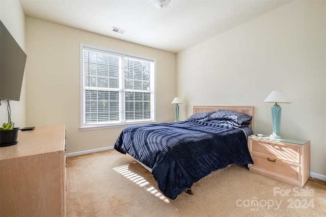 bedroom with light colored carpet