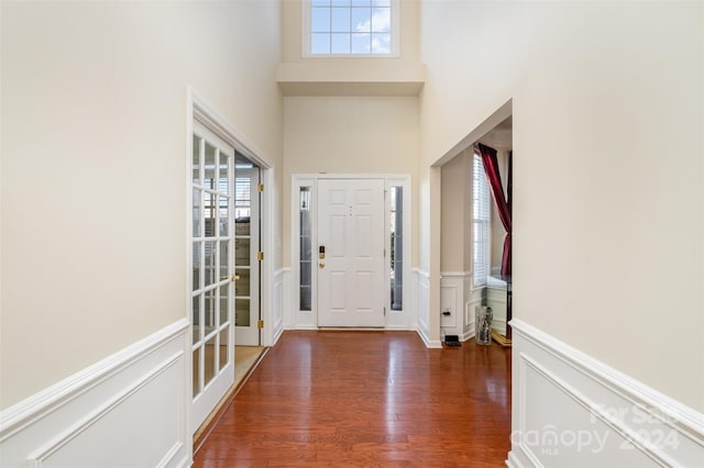 foyer featuring a towering ceiling, dark wood-type flooring, and a wealth of natural light