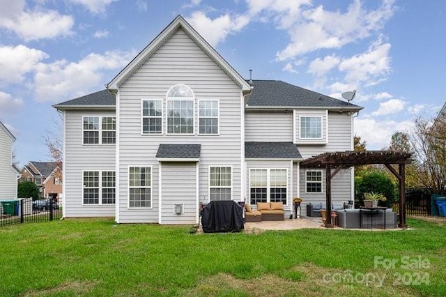 back of property with a pergola, an outdoor living space, a lawn, and a patio