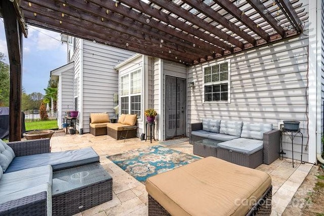 view of patio featuring a pergola and an outdoor hangout area