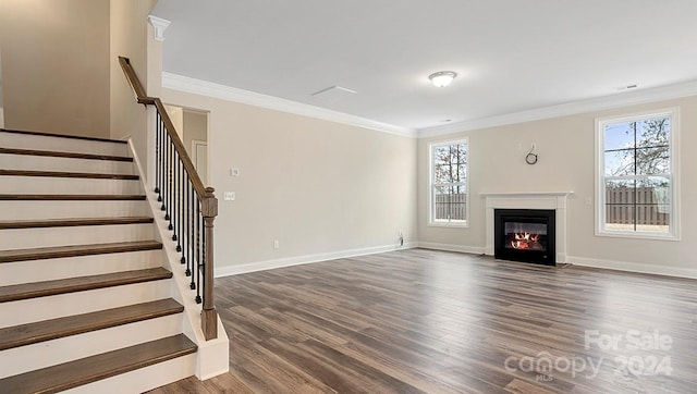 unfurnished living room with ornamental molding, dark wood-type flooring, and a healthy amount of sunlight