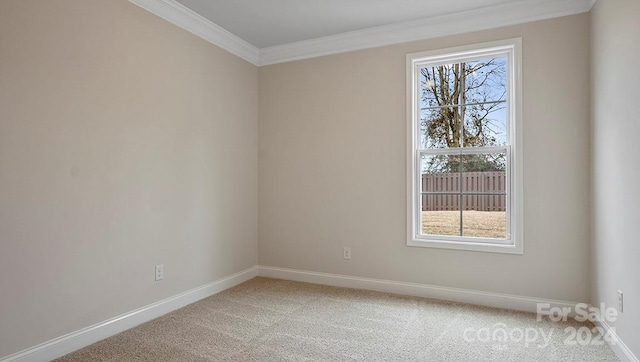 unfurnished room featuring a wealth of natural light, carpet floors, and crown molding